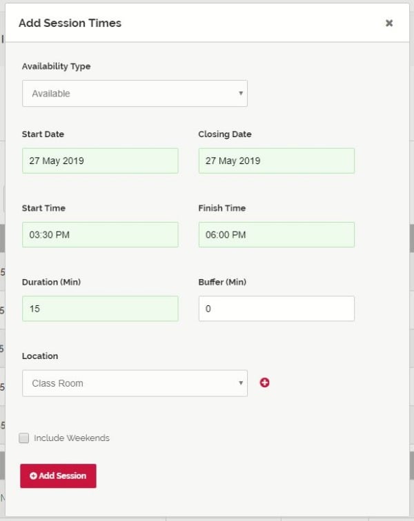 A page for specifiying the date and time of a session