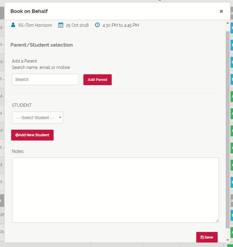 Booking on behalf of a parent, with the student field