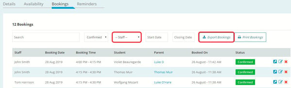 The Export Bookings button in SessionKeeper