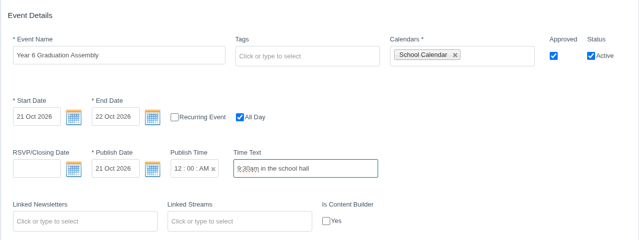 The Event Details section