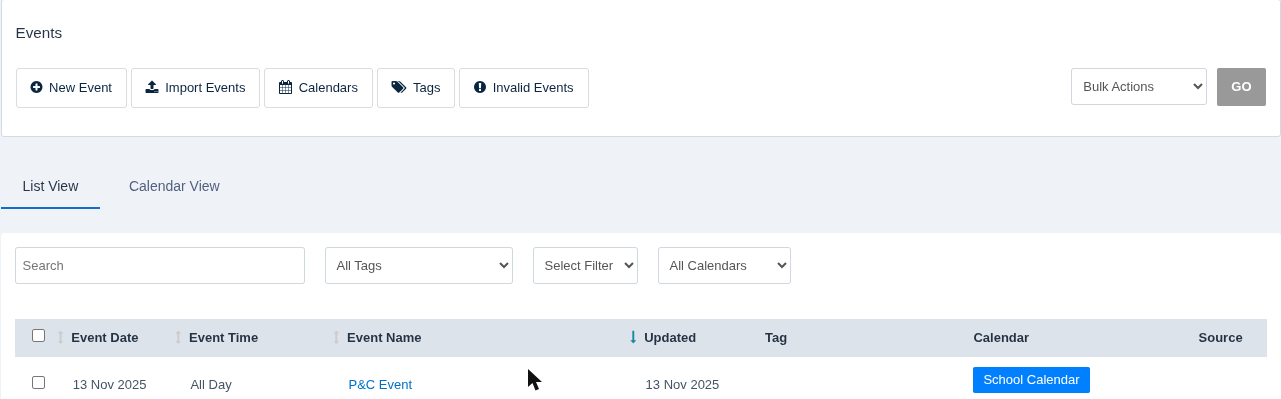 The Events page with the New Event and Import Events buttons
