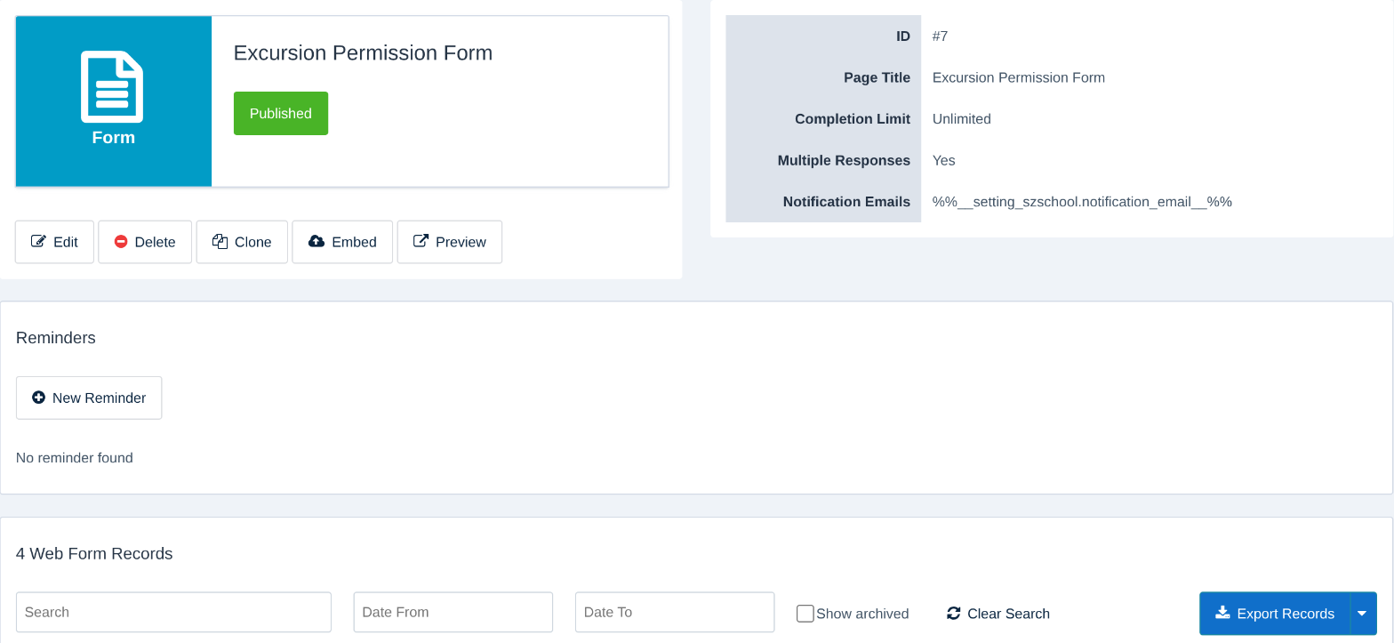 A web form's page with Reminders and Web Form Records