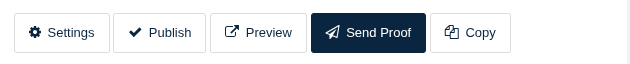 The newsletter's Settings, Publish, Preview, Send Proof and Copy buttons