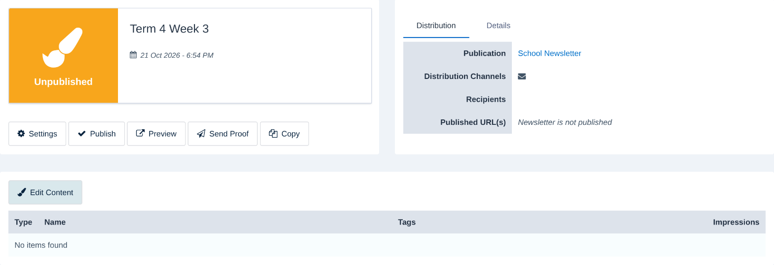 A new, unpublished newsletter with the Edit Content button