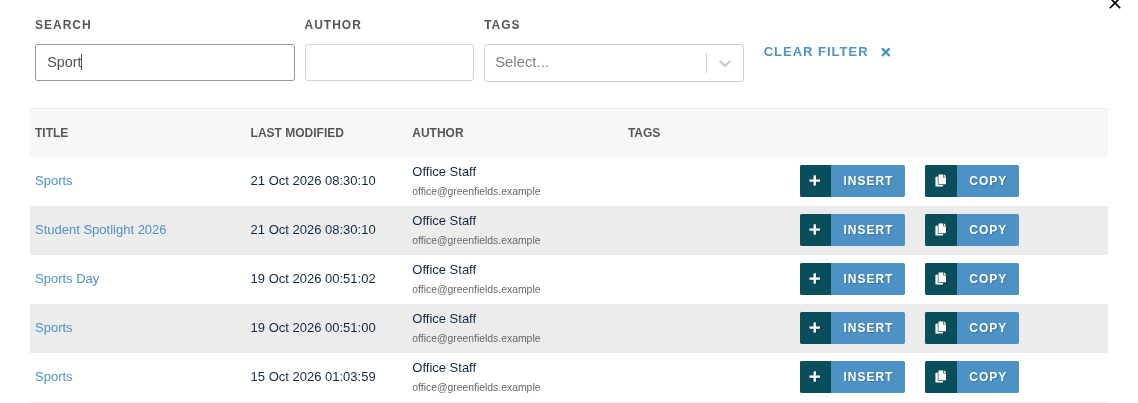 Choosing an existing article to insert or copy
