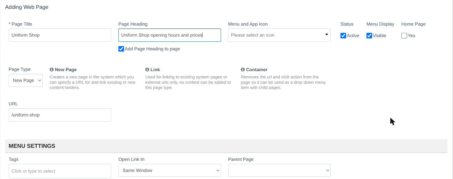 The new page form
